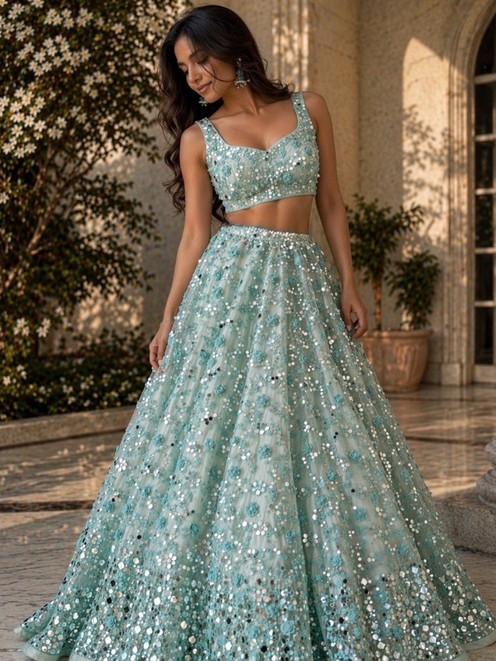 Aqua Blue Mirror work Lehenga 2 piece set